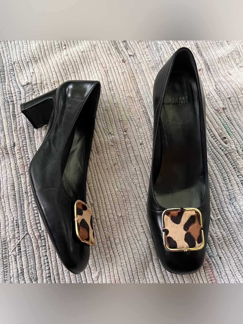 Stuart Weitzman pumps Calf Hair black leather Leopard Block Heel Square Toe